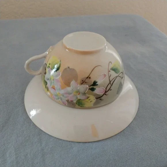 MID CENTURY MODERN JAPAN GREEN STAMP FLORAL TEA CUP SET JAPANESE BLOSSOMS - Picture 13 of 16